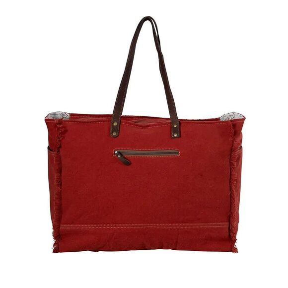 Myra Bag Handmade Fleur Rigaud Weekender Bag Upcycled Canvas & Cowhide Leather - Picture 3 of 13